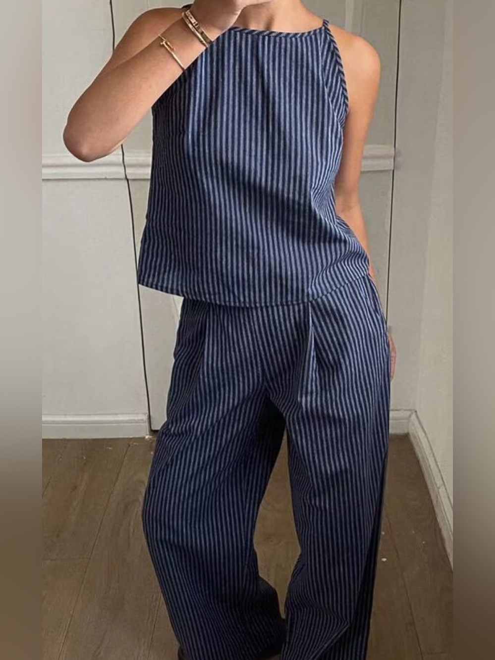 High-Rise Navy Pinstripe Wide-Leg Pants and top set for Women